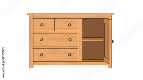 A wooden dresser with drawers and a cabinet door