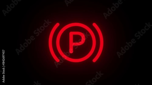 Parking brake warning sign icon flashing animation on dark black background for safety alerts