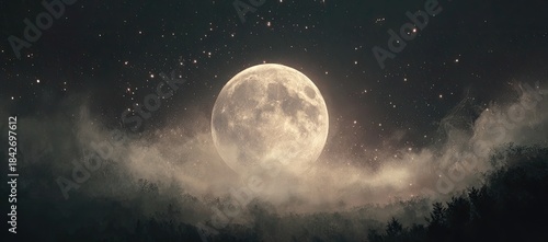 Wallpaper Mural Full moon in a starry night sky, peeking through swirling clouds Torontodigital.ca