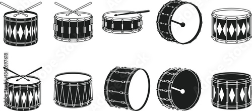 Set of Marching Drum and Snare Drum Icons, Black and White Percussion Instrument Silhouettes, Musical Rhythm, Band, and Orchestra Vector Graphic Collection Isolated on White.