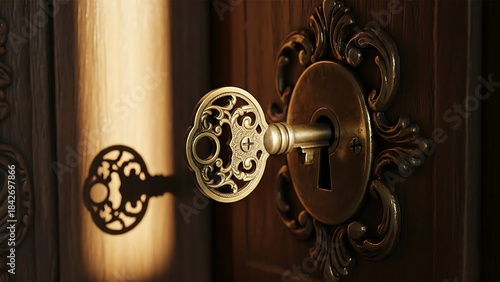 Ornate Vintage Skeleton Key Turning in Antique Wooden Door Lock with Dramatic Sunlight