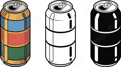 Soda can silhouette & Outline and illustration set isolated on transparent background