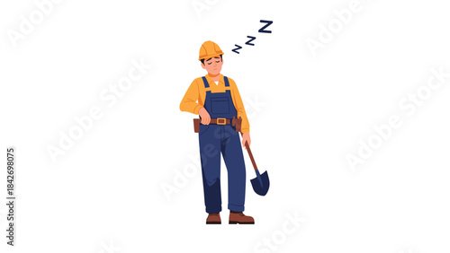 A construction worker in blue overalls and a yellow shirt is standing and yawning with zzz bubbles rising from his head