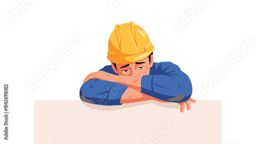 A cartoon construction worker wearing a yellow hard hat and blue shirt leaning on a pink sign on a with a thoughtful expression