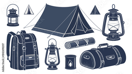 Adventure Camping Gear and Activity Silhouette Collection - Outdoor Expedition Equipment Icons