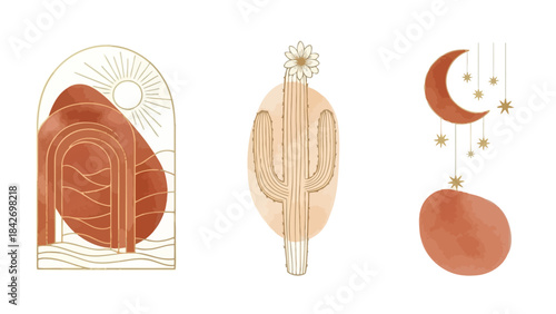 Trendy boho desert vector elements with golden landscape, cactus, and moon for modern design
