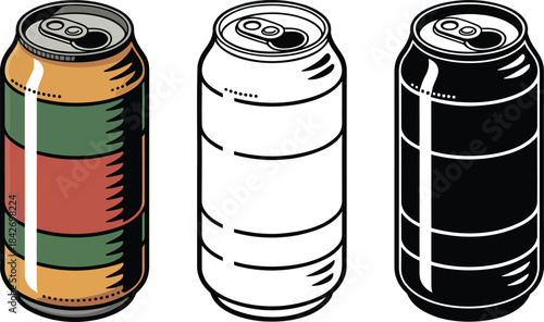 Soda can silhouette & Outline and illustration set isolated on transparent background