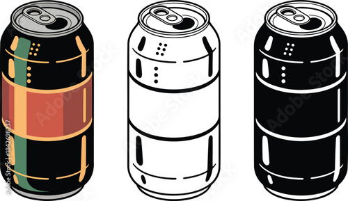 Soda can silhouette & Outline and illustration set isolated on transparent background