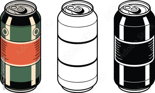Soda can silhouette & Outline and illustration set isolated on transparent background
