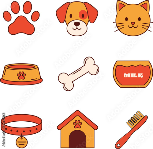 A collection of cartoon-style icons representing various pet supplies and animals like dogs and cats, including a paw print, food bowl, bone, milk, collar, dog house, and brush.