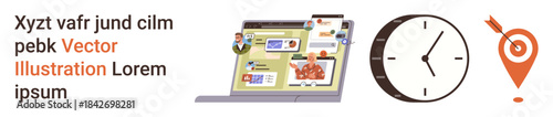 Marketing strategies, time tracking, goal setting, e-commerce, digital planning, productivity. A laptop with analytics, a clock and a location pin with a target. Marketing strategies and time