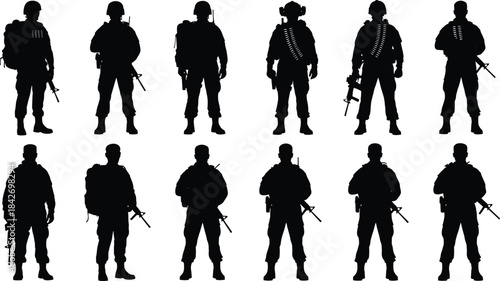 Armed soldier silhouette collection, black vector illustration, military poses, tactical gear, rifles, helmets, combat stance, defense icons
