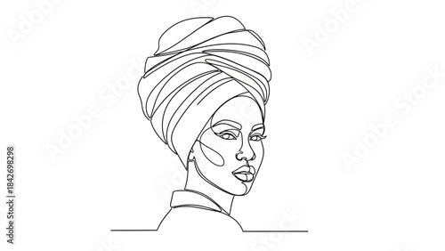 Elegant single line drawing of a beautiful black woman wearing a stylish turban showcasing her profile with grace and sophistication
