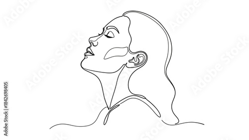 Elegant one line drawing of a woman s profile with eyes closed and head tilted back showcasing her serene expression and flowing hair
