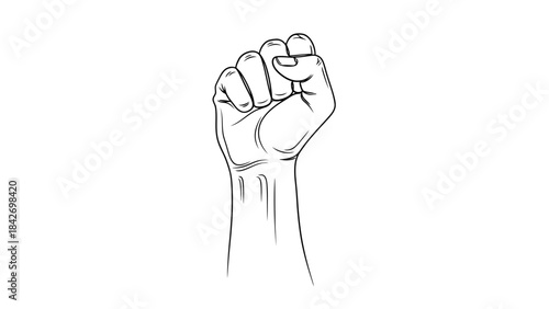 A simple white outline drawing of a clenched fist raised upwards against a solid black background symbolizing power unity and protest