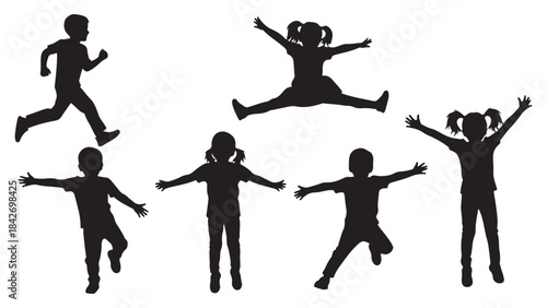 Set of vector silhouettes featuring happy children jumping and playing