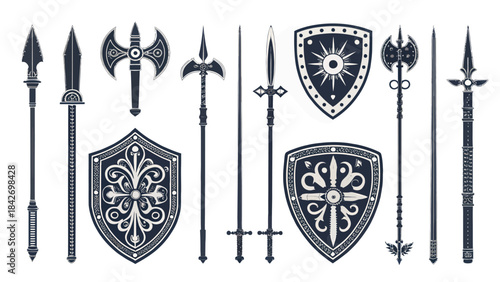 Medieval Weapon Silhouettes Collection - Ancient Combat Tools and Historical Battle Gear Icons