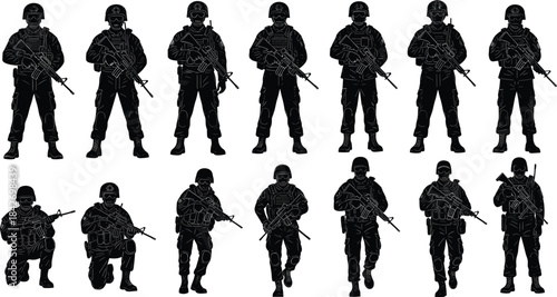 Armed soldier silhouette set, black vector icons, tactical gear and combat poses, military illustration, defense posture collection