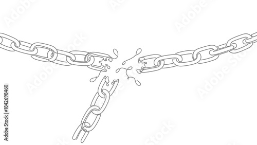A broken chain links symbolizing freedom and the end of confinement with a minimalist single line drawing style on a white background