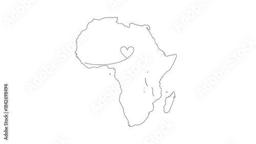 Simple outline map of the african continent with a stylized heart shape and a curved line connecting it to the western coast symbolizing love and connection to africa