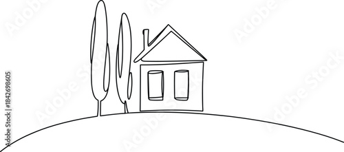 Simple House with Two Trees on Hill line black and white