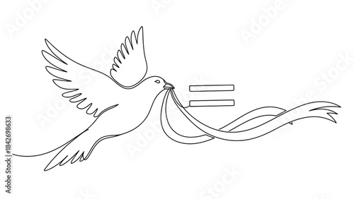 A single line drawing of a dove flying with a ribbon in its beak symbolizing peace and equality with the equal sign prominently displayed