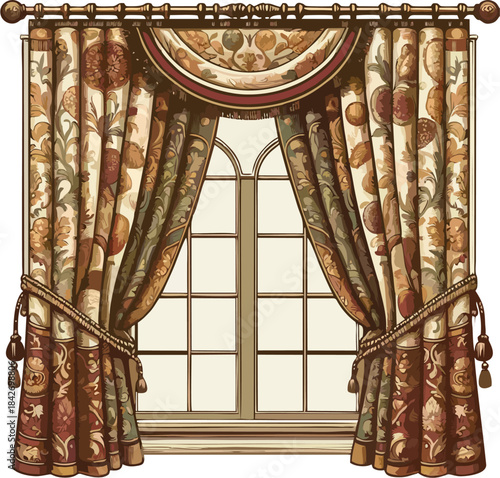 Ornate vintage window with floral patterned curtains and valance, detailed illustration of classic luxury drapery