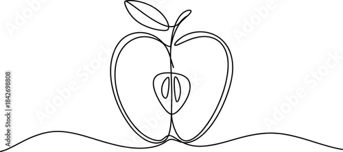 Simple line of an apple with a stem and leaves line fruit