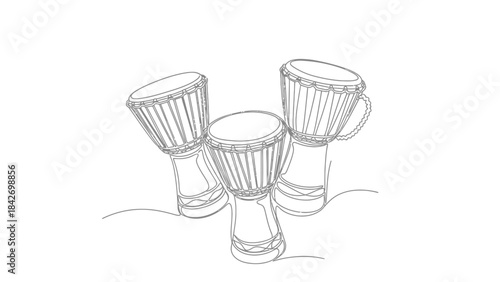 A minimalist single line drawing of three djembe drums arranged in a cluster against a clean white background evoking a sense of rhythm and african culture