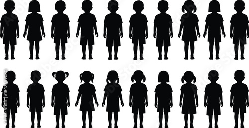 Children silhouette collection, diverse hairstyles and outfits, black vector illustration, standing poses, educational design, playful character icons