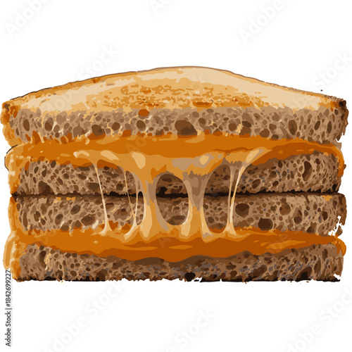 A fully realistic, mouth-watering, and delicious studio shot of a grilled cheese sandwich with melting cheese dripping between the layers, placed on an isolated white background; an appealing high-res