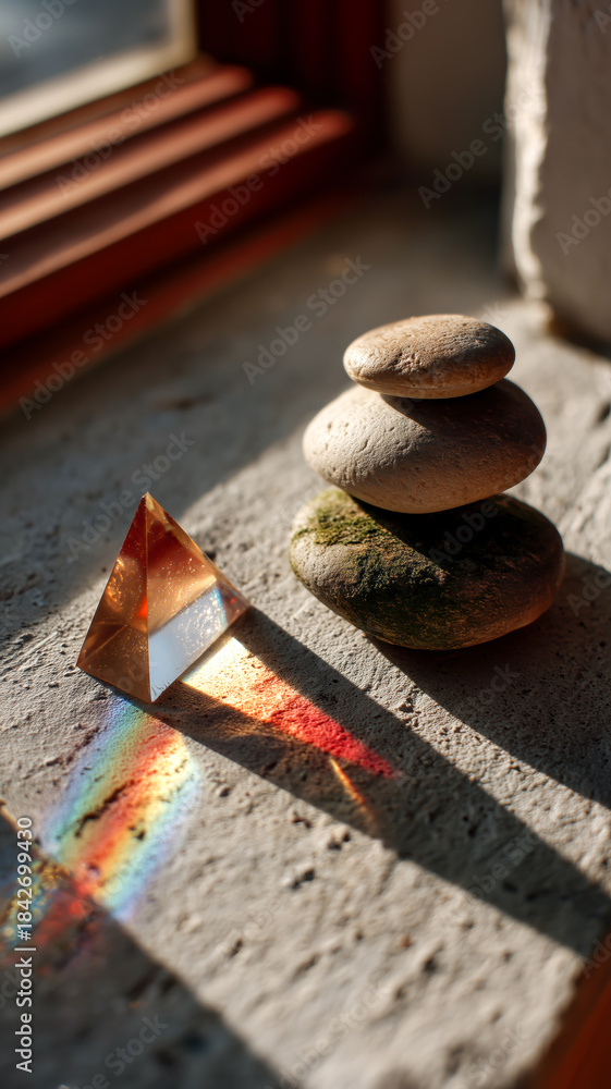 Fototapeta premium A sunlit Zen stone stack and pyramid prism refract a spectrum of colors on a textured surface in a peaceful, contemplative scene.