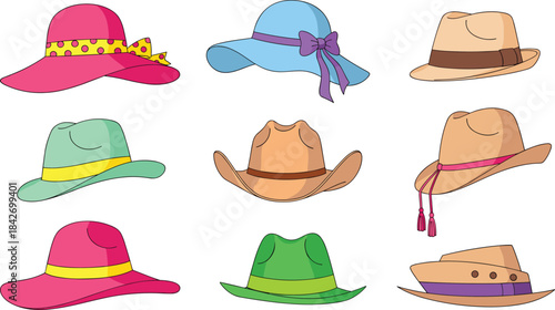 Fashion hat icon set, colorful headwear collection, stylish accessories, wide-brimmed, cowboy, bucket, fedora, vector illustration design