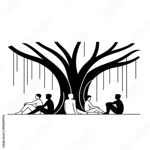 People relaxing under a tree on a rainy day Vector