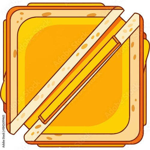 Modern, simplified, and cheerful illustrative icon or logo design of a grilled cheese sandwich on a vibrant yellow background, perfectly suited for fast food, breakfast, snacks, and restaurant menus o