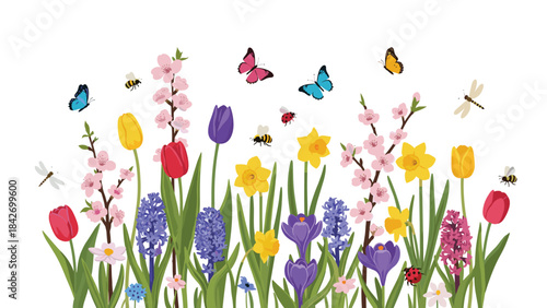 Colorful spring flowers and butterflies on with green leaves and vibrant blossoms in garden scene