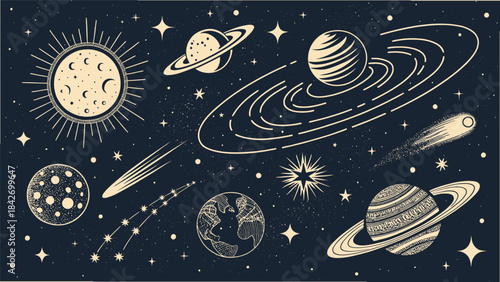 Galaxy Elements Vector Silhouette Set: Planets, Stars, and Cosmic Objects for Space Exploration and Astronomy Themed Design