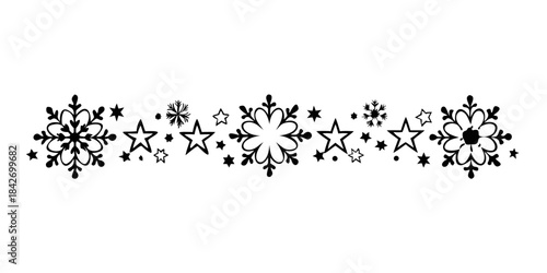 Snowflakes and Stars Border .Elegant gold and tan snowflake border design for header/footer, featuring various sizes of flakes and stars on a white background. Perfect vector frame for Christmas
