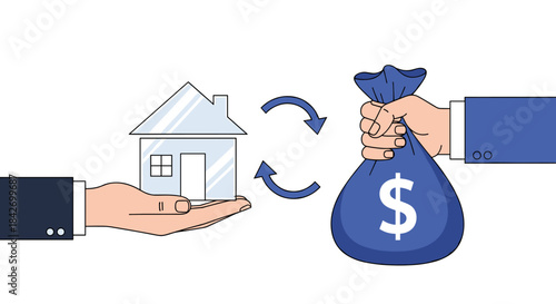 Illustration of a house being exchanged for a money bag, representing real estate transactions, property buying or selling, mortgage, or home investment.