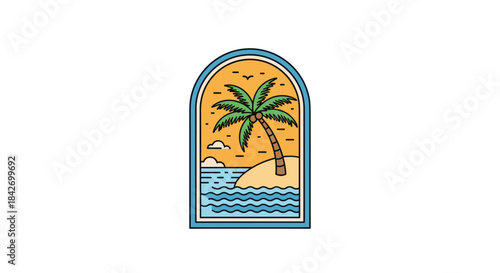 Vibrant vector illustration of a tropical island with a palm tree on a sandy beach, blue ocean waves, and an orange sky within an arched frame.