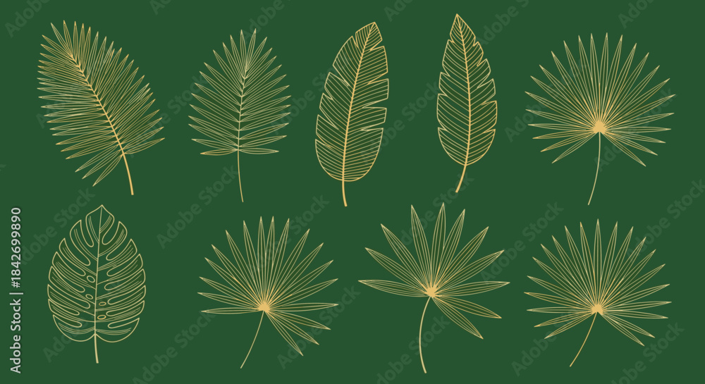 Fototapeta premium Set of various golden outline tropical leaves, including palm, banana, and monstera, isolated on a dark green background for elegant design.