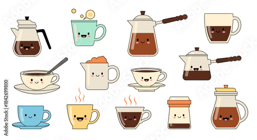 A delightful collection of kawaii-style coffee and tea pots, mugs, and cups, each with charming facial expressions on a clean white backdrop.