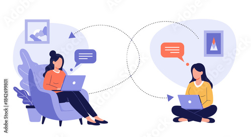 Two women engage in online communication and remote connection, comfortably working or chatting from different locations with laptops.