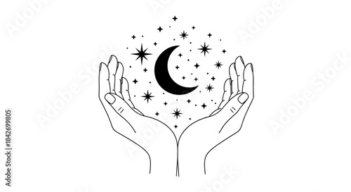 Two hands gently hold a mystical crescent moon and a cluster of twinkling stars, representing magic, dreams, and the cosmos.