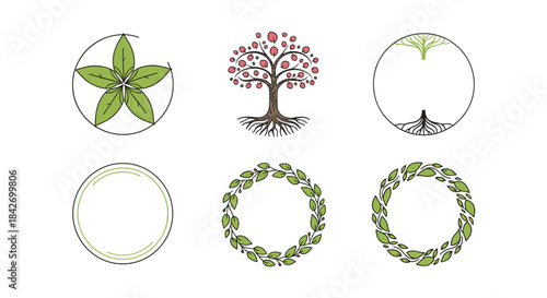 A collection of six diverse circular nature-inspired logo designs, featuring stylized trees, leafy wreaths, and organic plant emblems for eco-friendly branding.