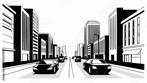 Cars driving down a city street with tall buildings on either side.