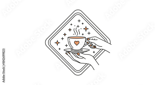 Elegant hands holding a steaming teacup with a heart design and a saucer, surrounded by magical sparkles within a minimal diamond frame.