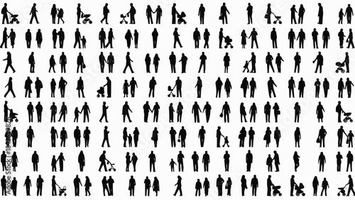 Large collection of diverse people silhouettes walking and standing.