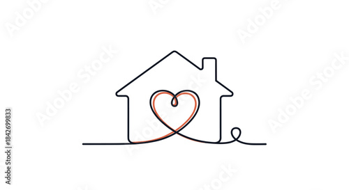 A continuous line drawing of a simple house outline with a stylized heart nested inside, symbolizing love, care, and a cozy home.