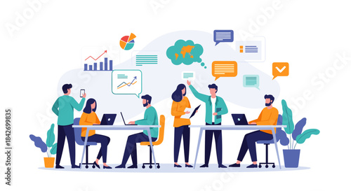 Diverse business team analyzing data, discussing ideas, and working together in a dynamic and productive office environment.